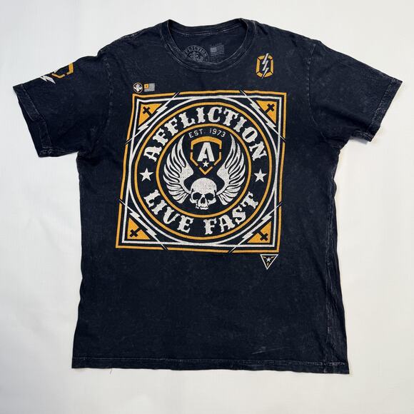 Affliction Shirt Mens Extra Large Black Live Fast Graphic Mineral Wash Tee Skull - Picture 1 of 7